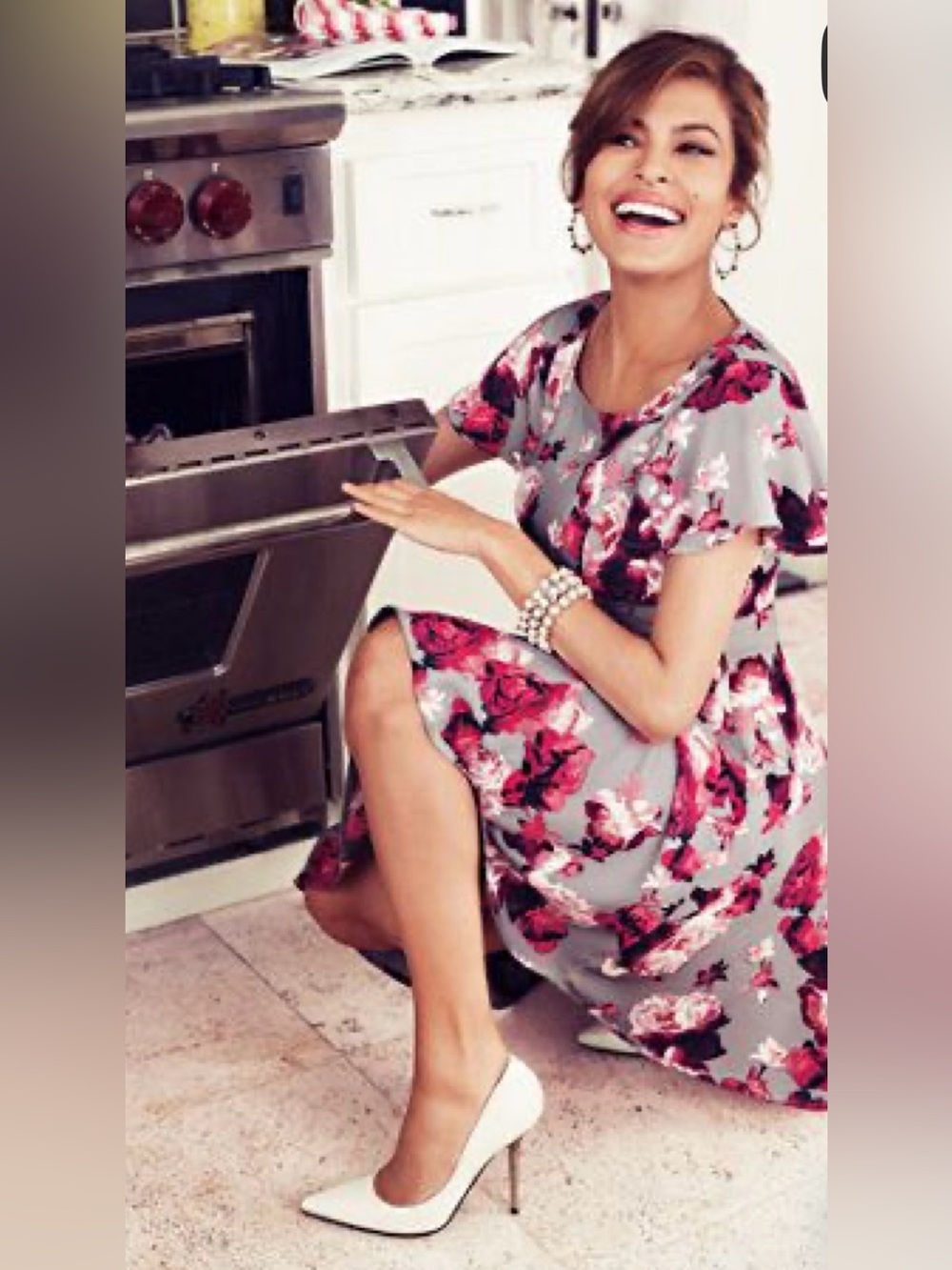 New York & Company Gray Floral Midi Dress with Pink Roses